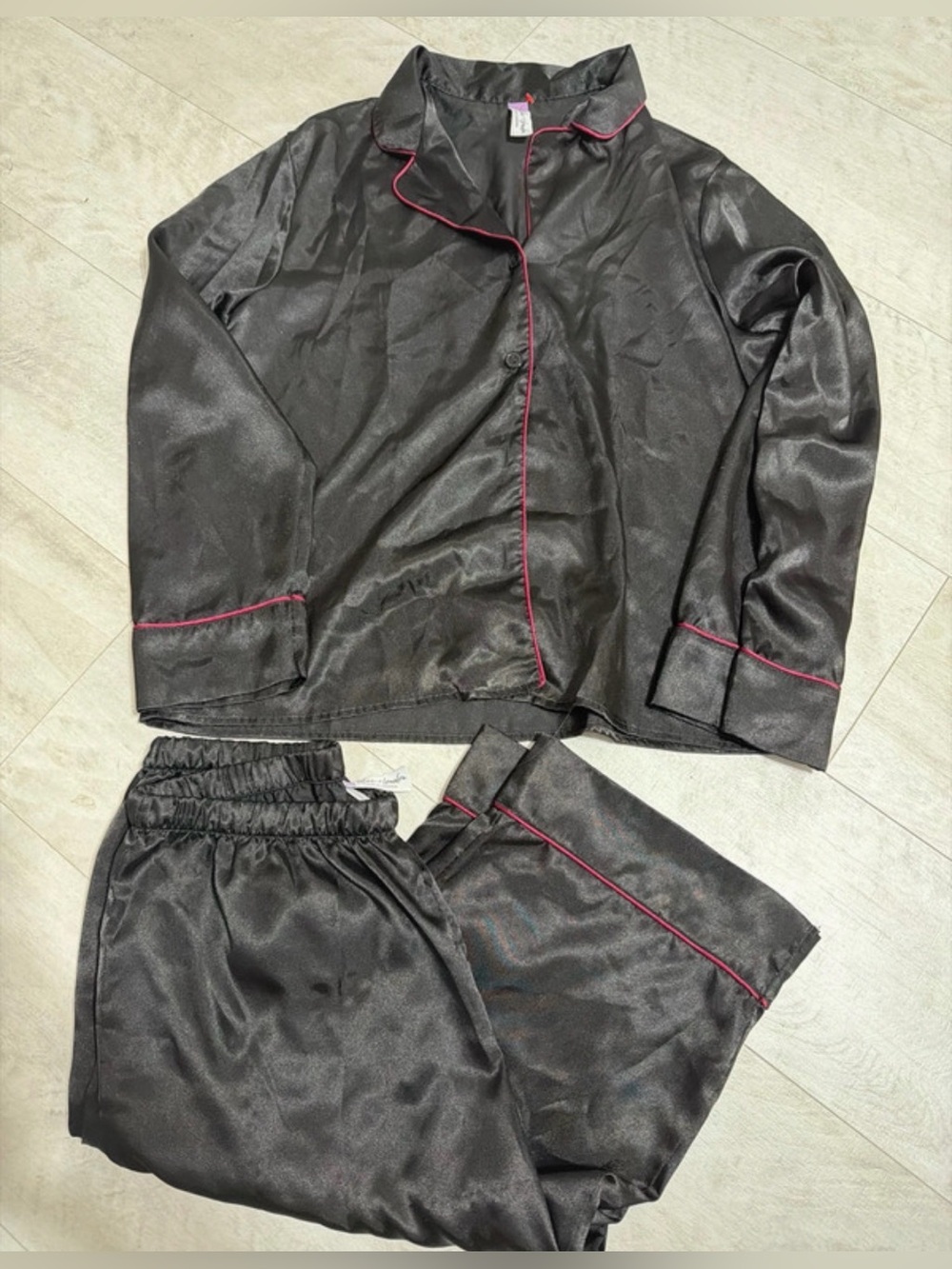 Black Satin Pajama Set with Pink Piping - Women’s Two-Piece Sleepwear